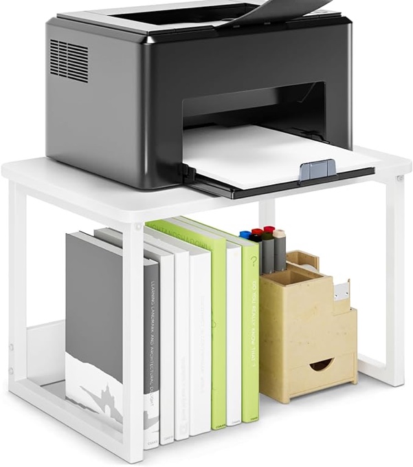 marty printer stand with storage for desk, desktop printer stand shelf organzier for home/office heavy duty printer riser under desk small printer table for fax machine copier scanner(white)