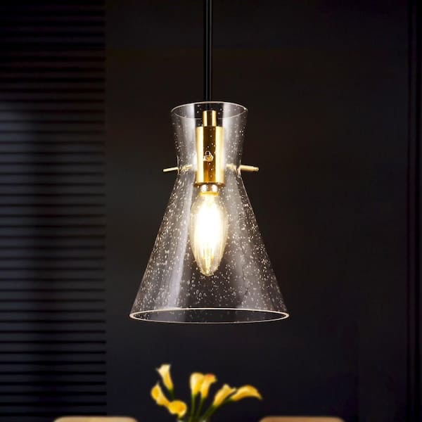 Uolfin A04930P 1Light Electroplated Brass Funnel Pendant Light with Seeded Glass