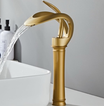 Modern Elegant Waterfall Bathroom Vessel Sink Faucet Single Handle Solid Brass in Gold