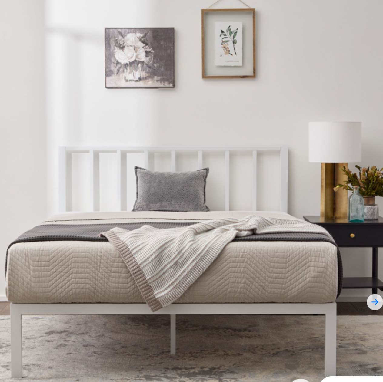 weekender metal Platform Bed with rectangular vertical bar headboard and round accents queen white 