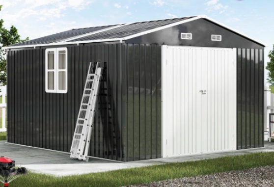 AMERLIFE 10x12x7 FT Galvanized Steel Storage Shed with 2 4-Pane Windows Hinged Double Doors, Dark Grey/White(incomplete box 3/3)