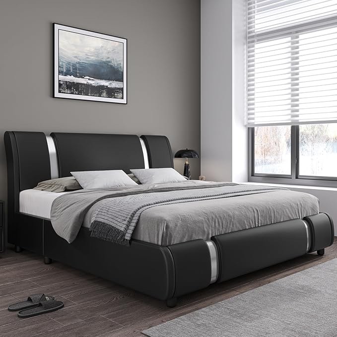black faux leather platform bed (size unknown)(incomplete)
