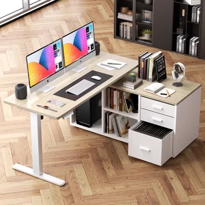 Berat L-shaped Executive Standing Desk With Reversible File Cabinet