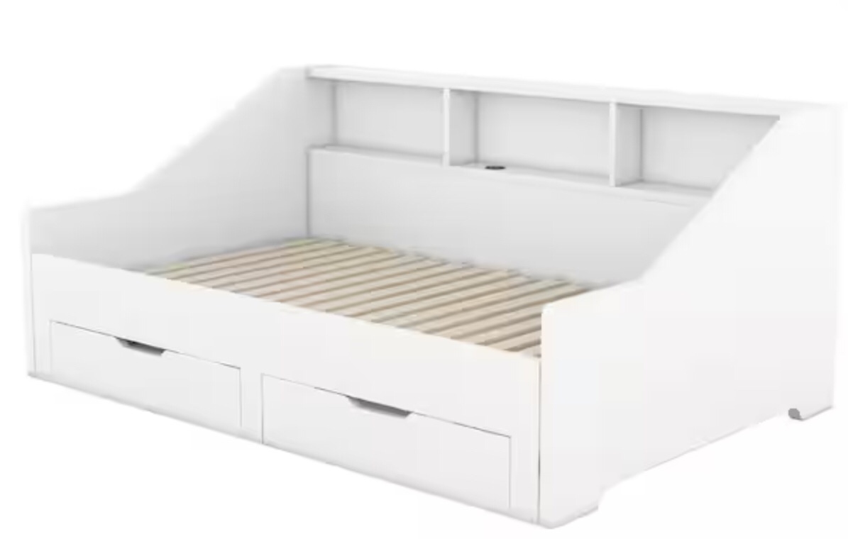 cream velvet day bed with shelves (stock photo similar but not exact)(incomplete )