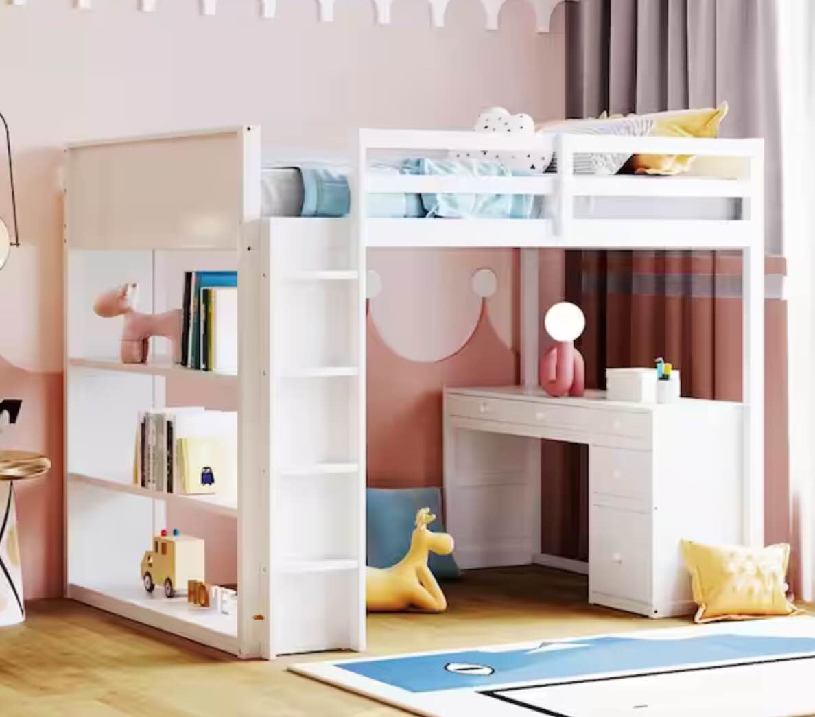 full loft bed with 3 shelves and desk white (incomplete box 3)