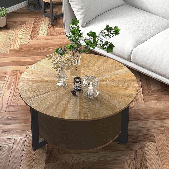 LEEMTORIG Round Coffee Tables for Living Room, 2 Tier Solid Wood Coffee Table with Storage, Modern Circle Coffee Table with Black Metal Legs, 33.5 x 17.8 inch, Easy Assembly, Yellowish Brown
