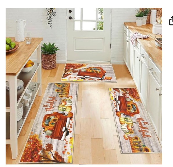 U'Artlines Fall Kitchen Rugs with Runner Sets 3 Piece Vintage Truck Seasonal Harvest Holiday Party Rugs and Mats Non Skid Washable Kitchen Floor Mats for Home Hallway Sink Laundry Decor(Be Thankful)