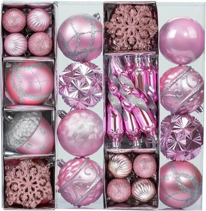 62Pcs Pink & Silver Christmas Balls Tree Ornament Set, Assorted 3.15'' 80mm Big Shatterproof Christmas Hanging Decorations for Holiday/Party/Christmas Tree Decor