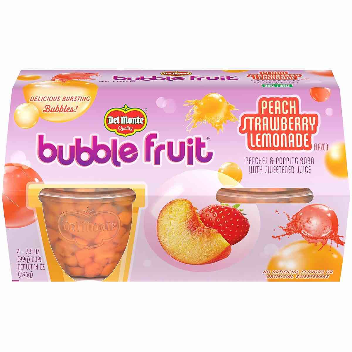 (BB: 01/08/26) Del Monte Bubble Fruit™ Peach Strawberry Lemonade Peaches & Popping Boba with Sweetened Juice 6/4-3.5 Ounce Cups, Orange (Case Pack of 6) 