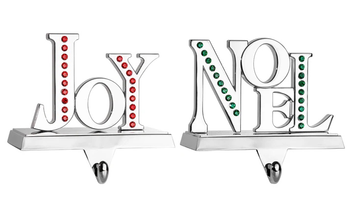 klikel stocking holder set of 2 - joy noel christmas stocking hanger for mantel - shiny silver metal