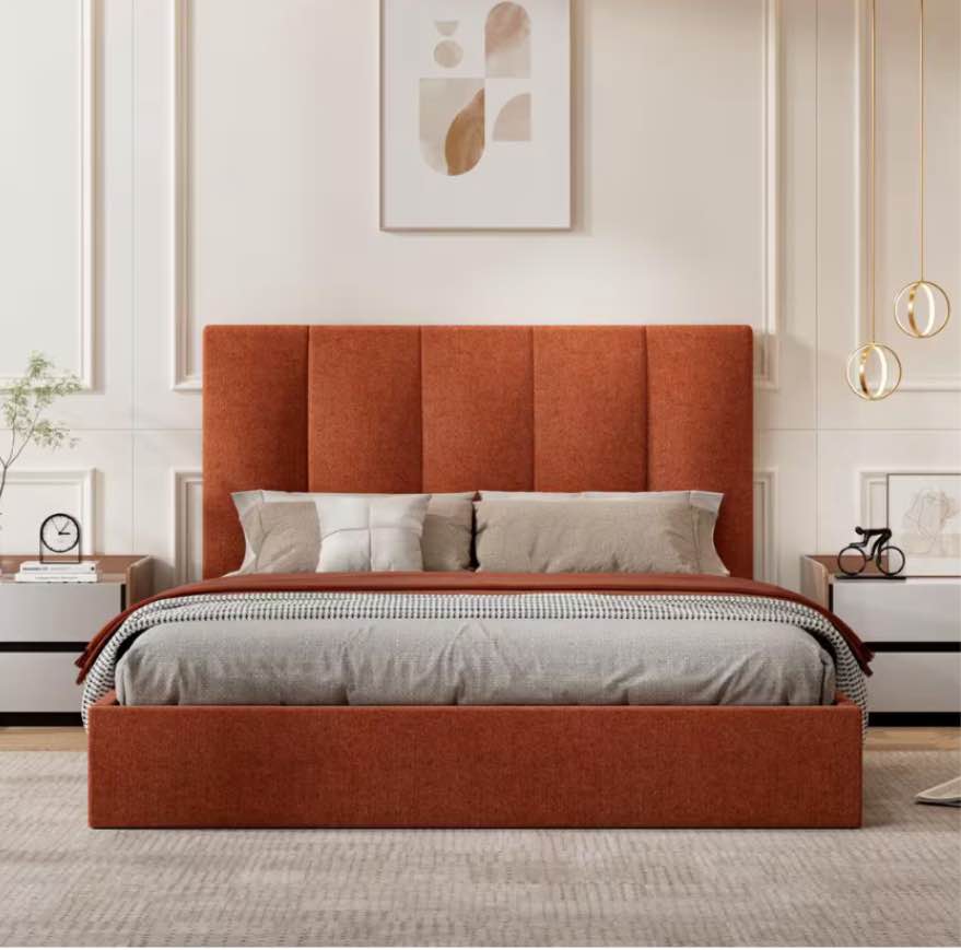 Burnt Orange Plywood Frame Full Size Linen Upholstered Platform Bed with Lifting Storage