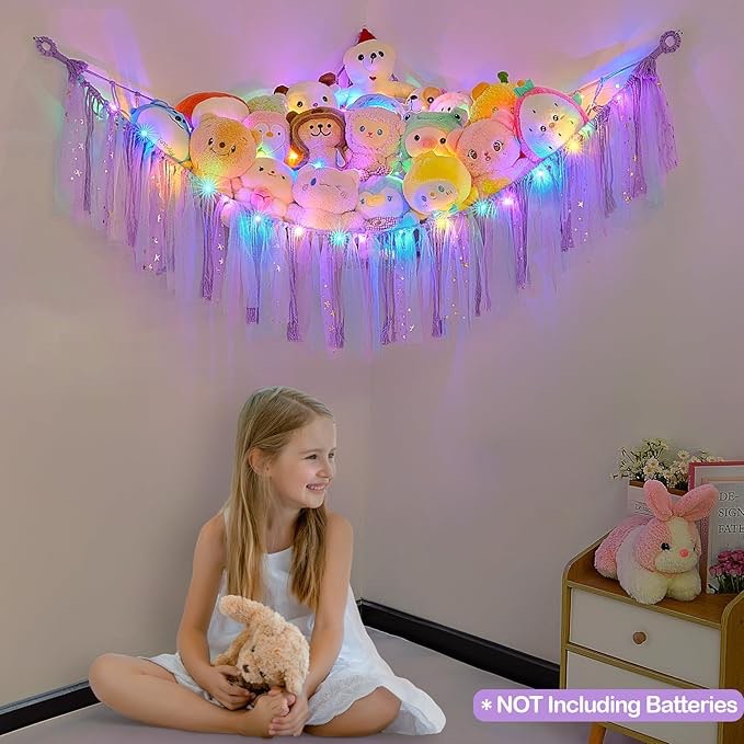 Stuffed Animal Hammock with Led Light, Boho Stuffed Animal Storage Net, Plush Toy Hammock Net, Hanging Plushie Net, Toddler Hammock for Kids Room Decor, Purple/Pink