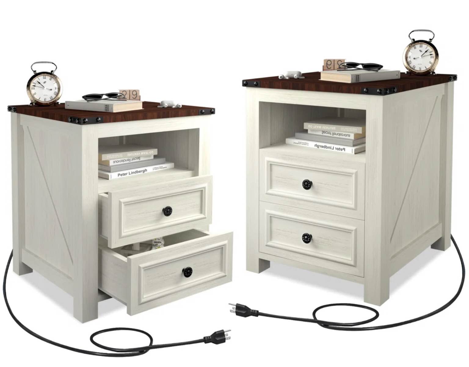2-Drawer Nightstand With Built-In 2 AC Outlets & 2 USB Ports Color: White, Quantity: Set of 2