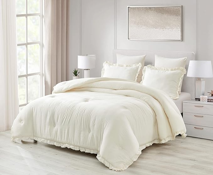 Chezmoi Collection Nora 3-Piece Ruffled Edge Trim Soft Washed Microfiber Comforter Set (Oversized King, Ivory)