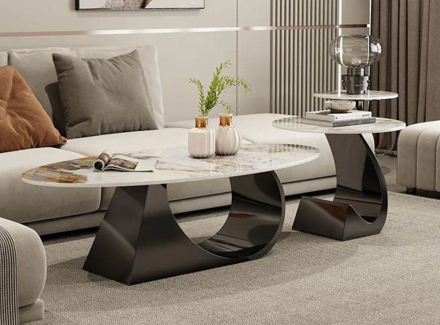 Condition photo showing Good Condition for Oval Coffee Table with Contemporary Design, Marble Coffee Table Top Luxurious Set Of 2 