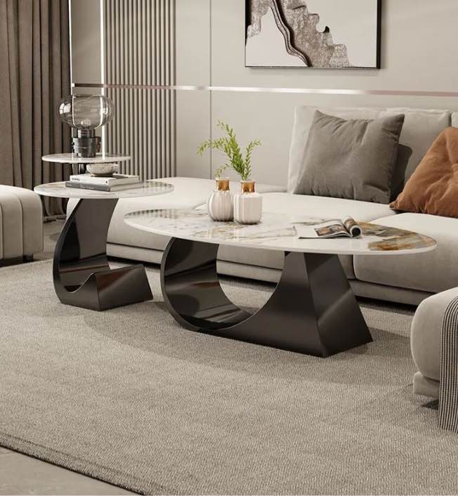 Oval Coffee Table with Contemporary Design, Marble Coffee Table Top Luxurious Set Of 2 