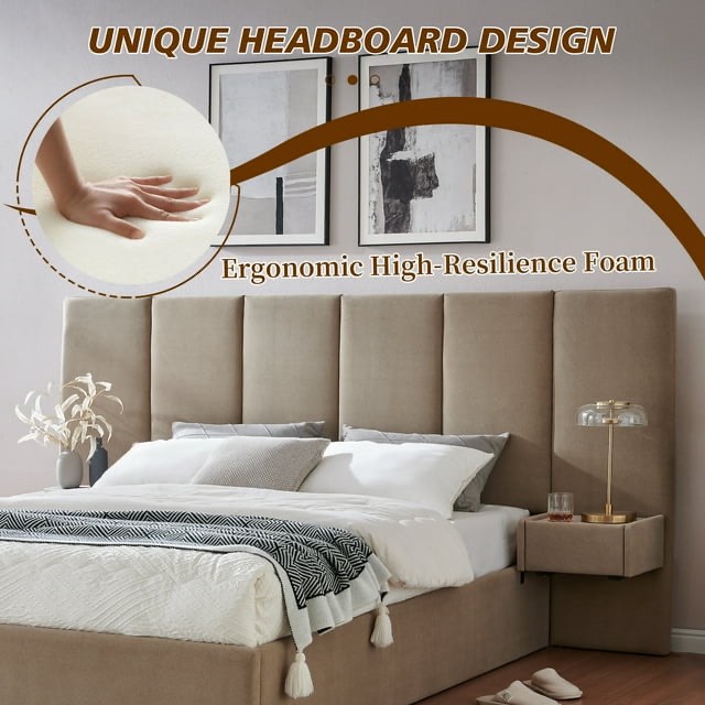 Queen Size Upholstered Platform Bed Frame with Lift up Storage, Velvet Headboard & Built-in Nightstands, No Box Spring Needed, Brown