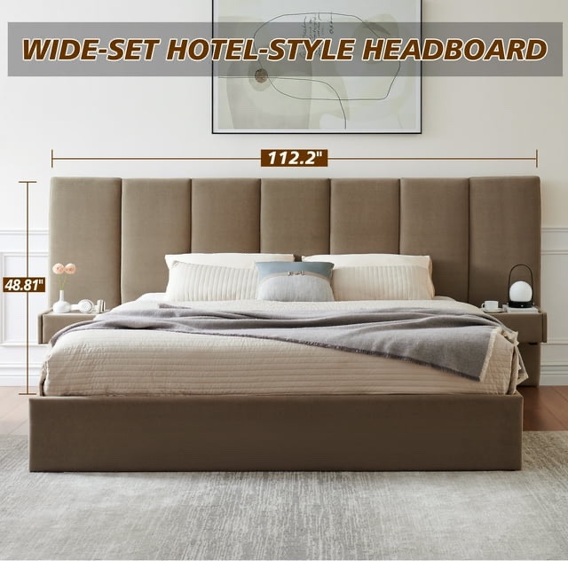 Condition photo showing Good Condition for Queen Size Upholstered Platform Bed Frame with Lift up Storage, Velvet Headboard & Built-in Nightstands, No Box Spring Needed, Brown