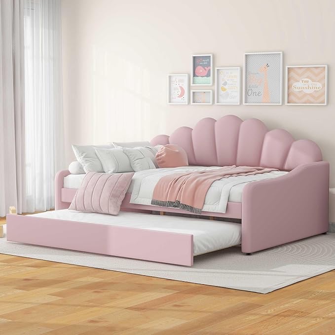 Condition photo showing Good Condition for Upholstery Daybed Frame with Trundle,Wood Bed Frame with Shall Shaped Backrest for Bedroom,No Box Spring Needed (Pink, Full)