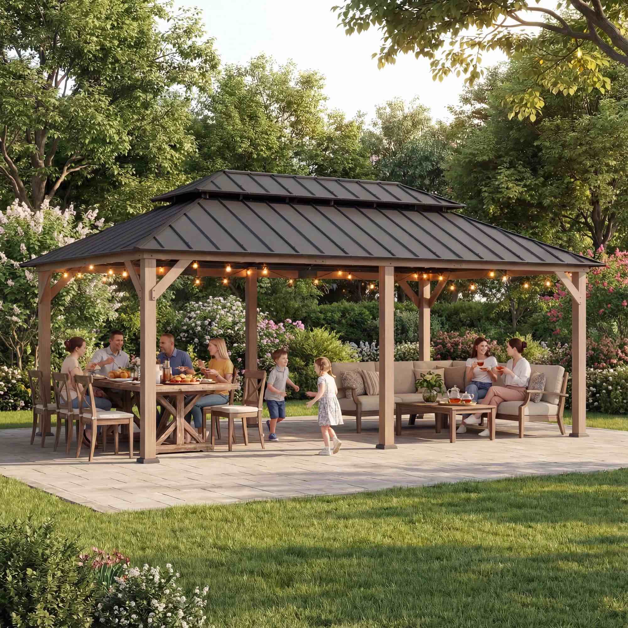 sunjoy 12x20 patio wooden gazebo with ceiling hooks - wea...