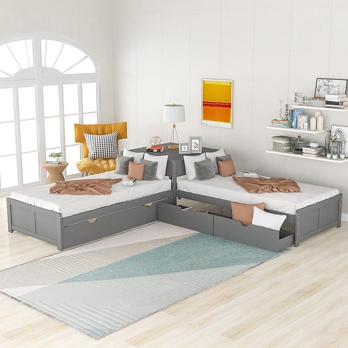flieks l-shaped platform twin bed with trundle and drawers linked with built-in desk,gray incomplete 