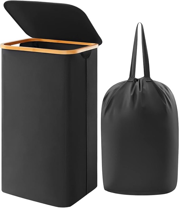 Lifewit 100L Laundry Basket with Lid, Clothes Hampers for Laundry with Bamboo Handles and A Removable Laundry Bag, Large Foldable Laundry Hamper for Bedroom, Bathroom, Dorm, Laundry Room, black 100L