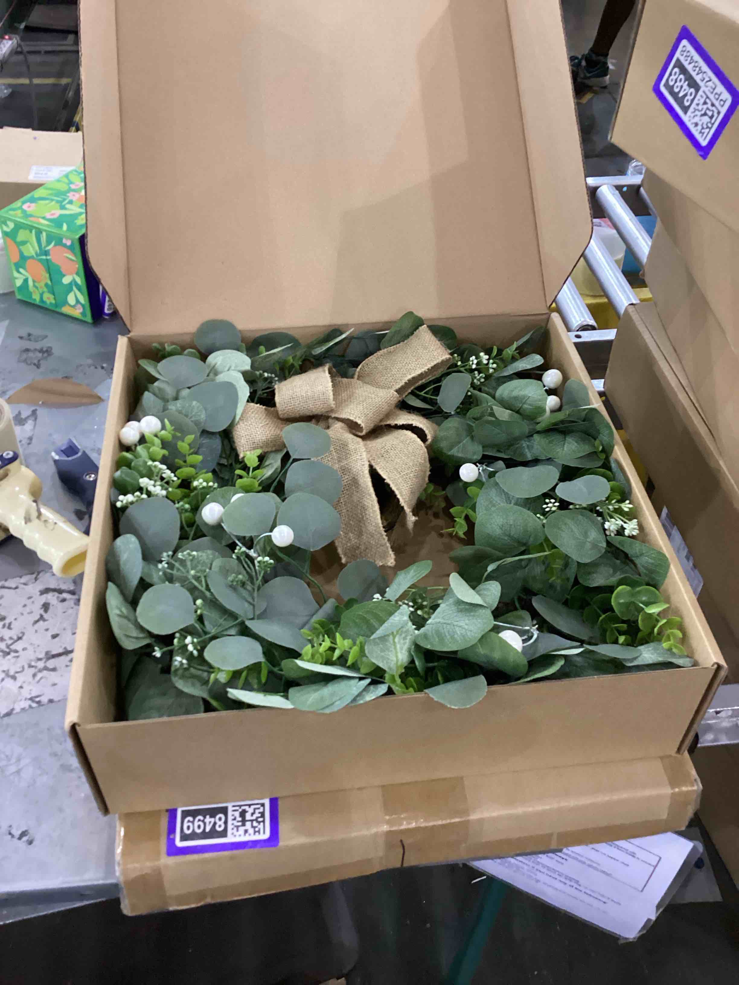 24" Artificial Eucalyptus Leaves Wreath with Burlap Bow and Metal Bell for Front Door Decor - Spring Summer Green Wreath Decoration for Home, Farmhouse - Handmade, Large Size, 24~26 Inches