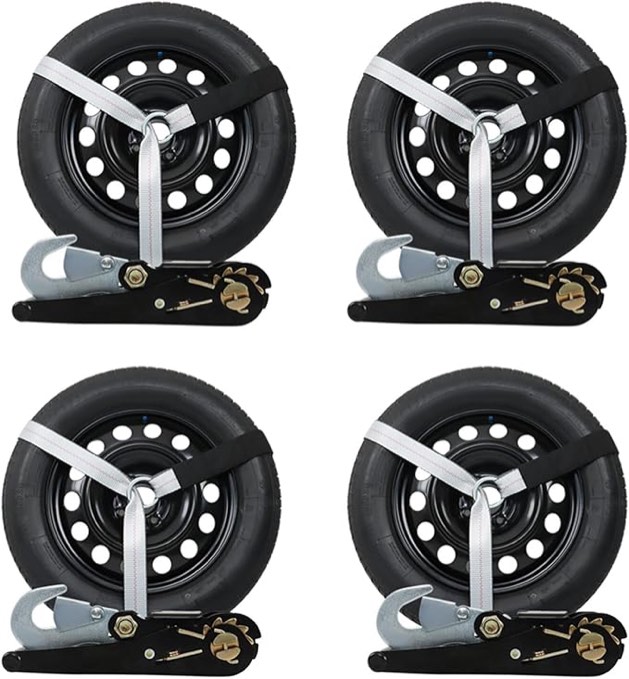 munirater 4 Pack Universal Silver Tie Down with Snap Hooks Anchors Lasso Style Wheel Chock Tie Down Strap Kit 3,300 Pound Working Load 2 Inch x 96 Inch
