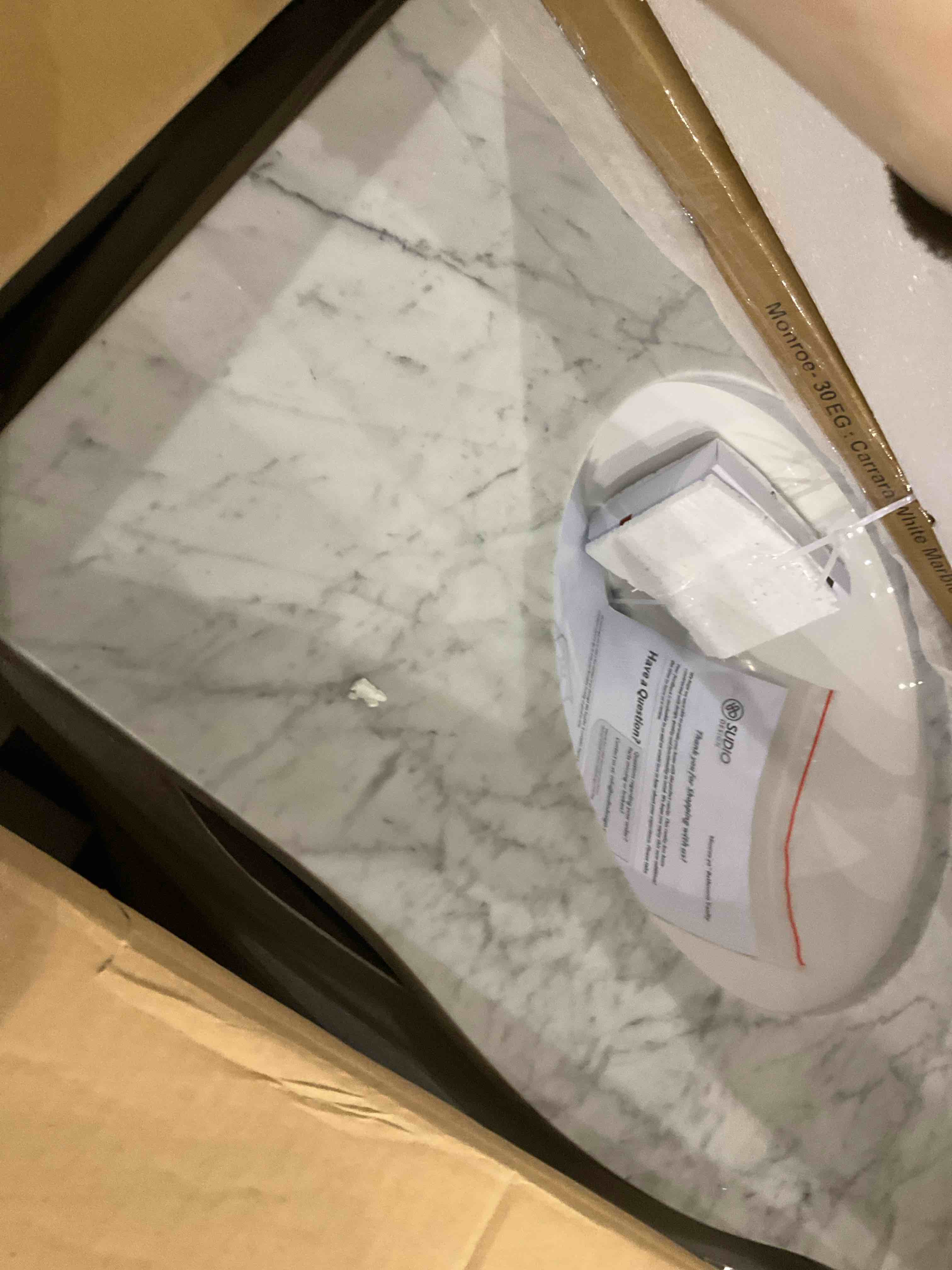 30” Monroe vanity cabinet w Carrara white marble top 