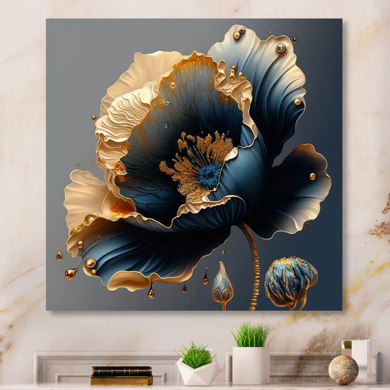 Elman Deep Blue And Gold Single Flower IV - Floral Metal Wall Décor, Modern Metal wall art print