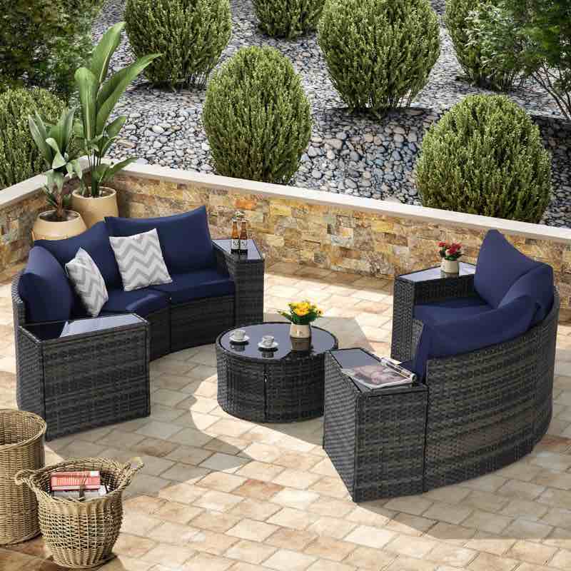 INCOMPLETE Cammeron Patio Conversation Set, 11 Piece Half-moon Sectional Round Patio Furniture Set, With Large Storage Wedge Table Wicker Sofa Set, For Backyard Patio Garden, Blue-04