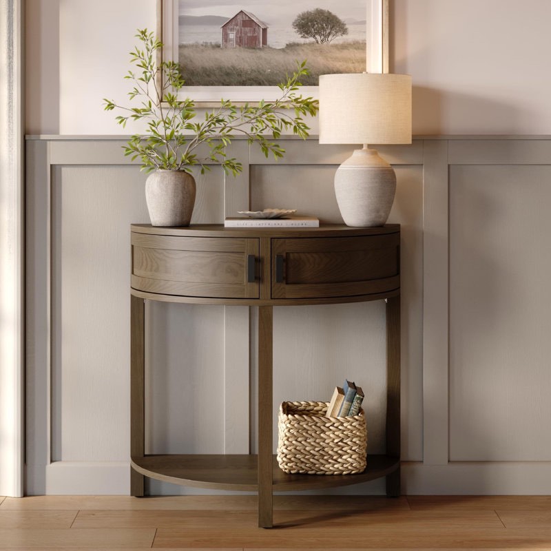 Stead Farmhouse Half Moon Console Table - Small Entry Table with Storage for Small Spaces - Modern Home Decor - Living Room Furniture - Wood Entryway Table with Doors & Black Knobs