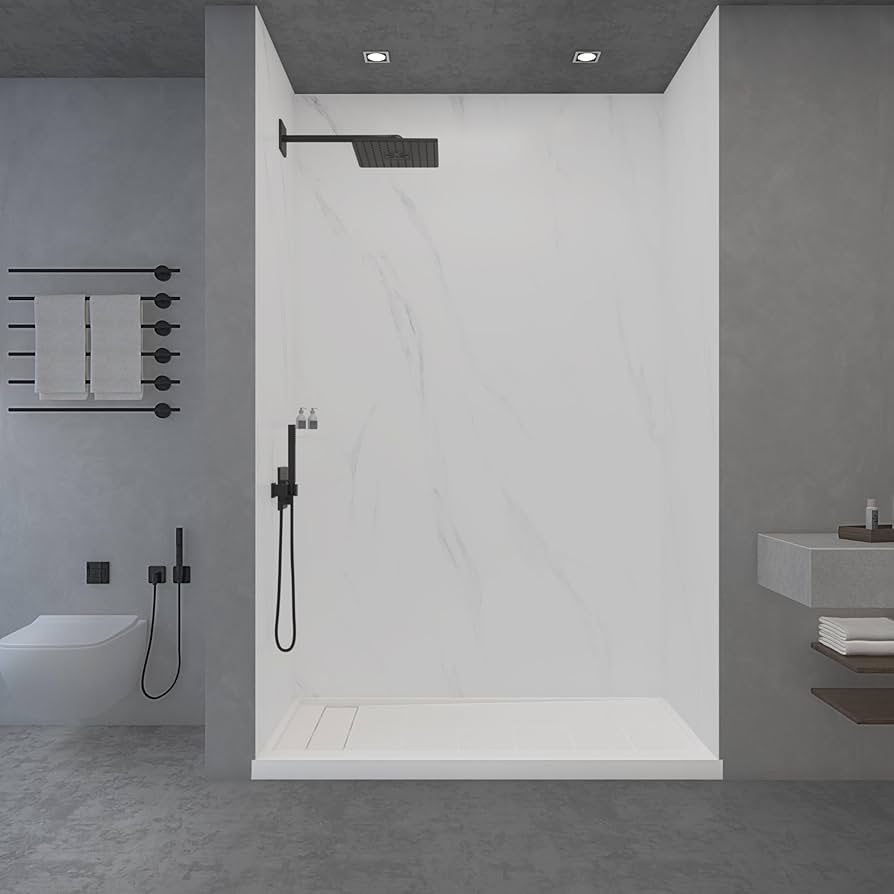 woodbridge solid surface 60" w x 96" h 3-piece tile tub and shower wall panel surround kit in carrar