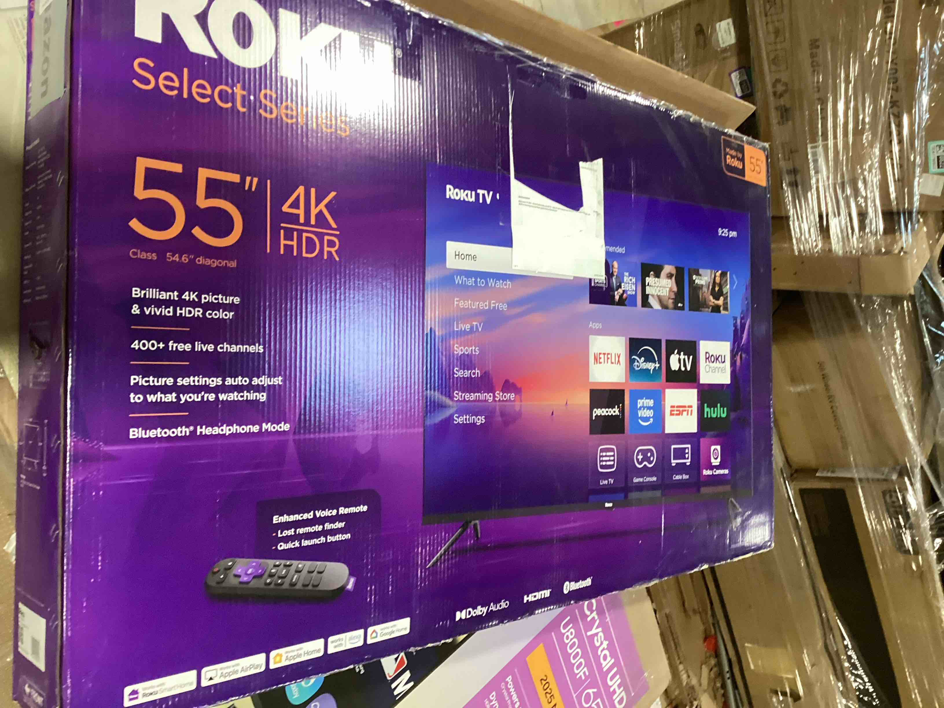 Condition photo showing As Is for roku smart tv 2025 – 55-inch select series, 4k hdr tv – roku tv with enhanced voice remote – flat screen led television with wi-fi for streaming live local news, sports, family entertainment