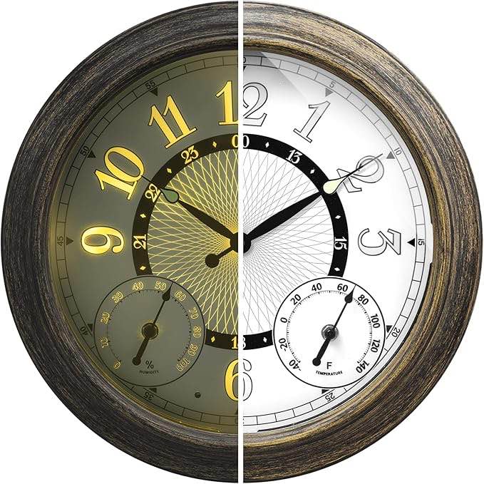 Illuminated Large Metal Outdoor Clocks Waterproof 18 Inches With AI Auto Light Smart Sensor,Extra Big Indoor Outdoor Wall Clocks With Thermometer & Hygrometer for Patio, Pool, Garden,Porch
