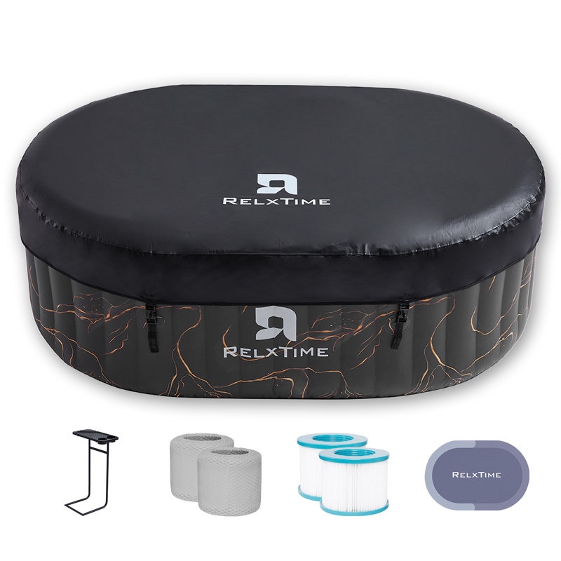 relxtime 2 person inflatable hot tub with energy-saving insulation cover, led lamp,oval portable blow up hottub, outdoor black spa with 100 bubble jets , drink tray and filter cartridges