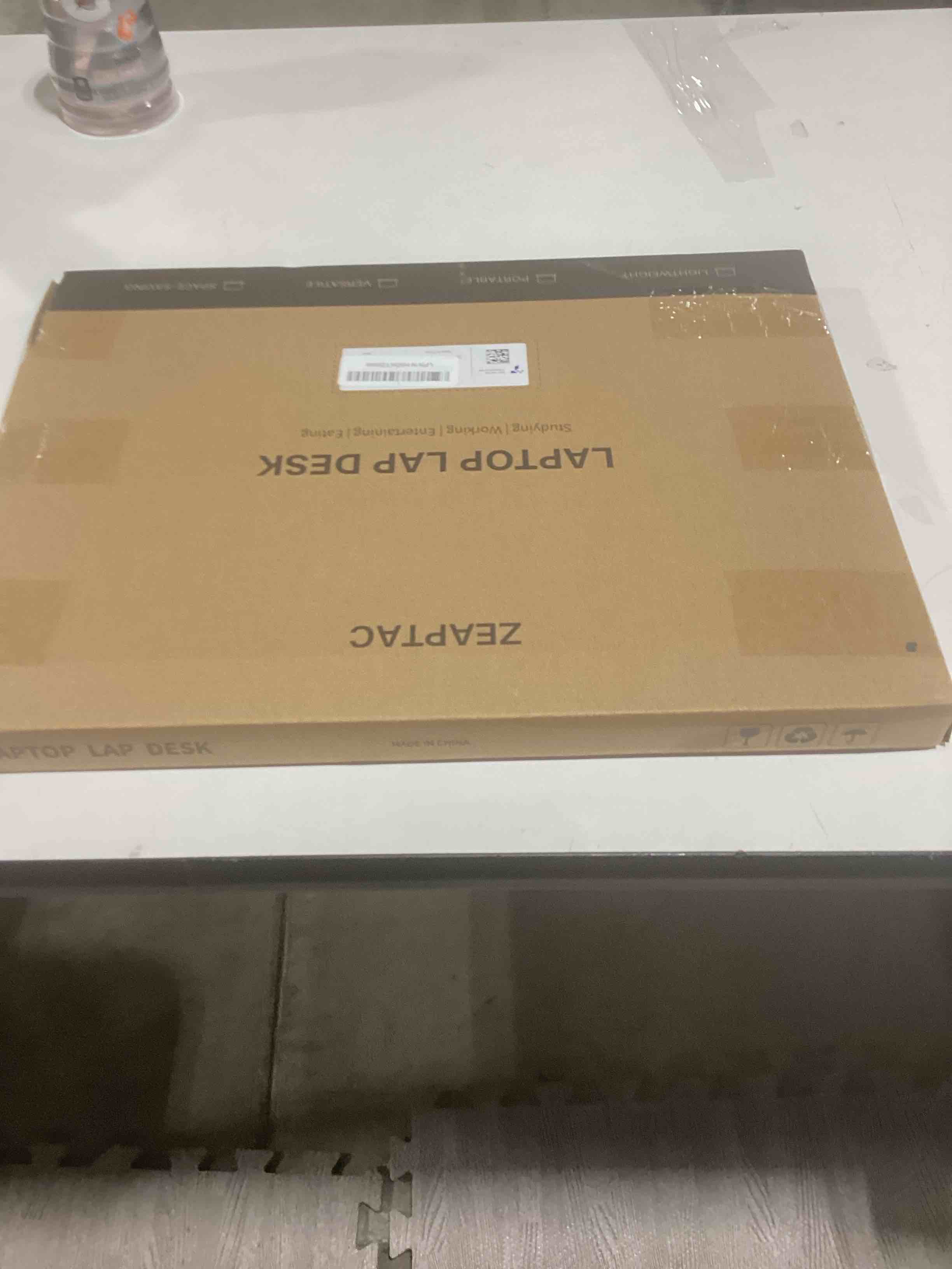 Condition photo showing As Is for portable lap laptop desk with pillow cushion, fits up to 15.6 inch laptop, lap stand for bed & couch & carpet, book tablet/drawing board/computer laptop stand - dark brown wood