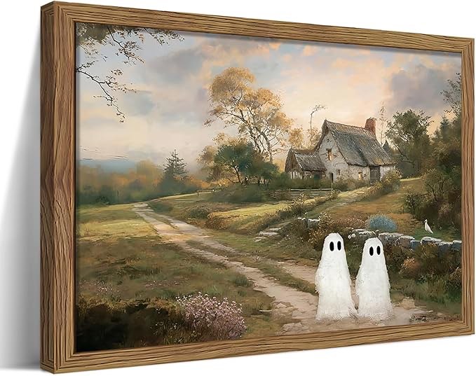 gold framed vintage halloween wall art, rustic landscape wall decor, cute ghost decor wall art, aest