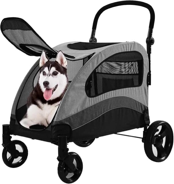 Outdoor 4-Wheel Foldable Dog Stroller Pet Stroller with Dual-Entry and Adjustable Handle
