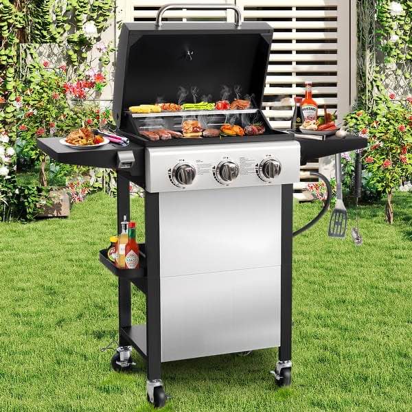 3-Burner 27000BTU Propane Gas Grill w/Daul Zone, Foldable Table, Hanging Basket