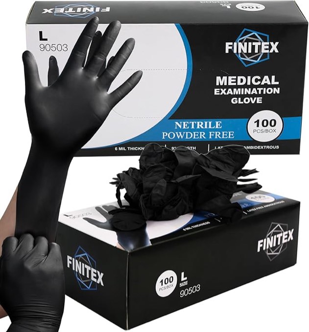 Finitex powder free nitrile medical examination gloves black , large , * box damaged but gloves are in good condition *