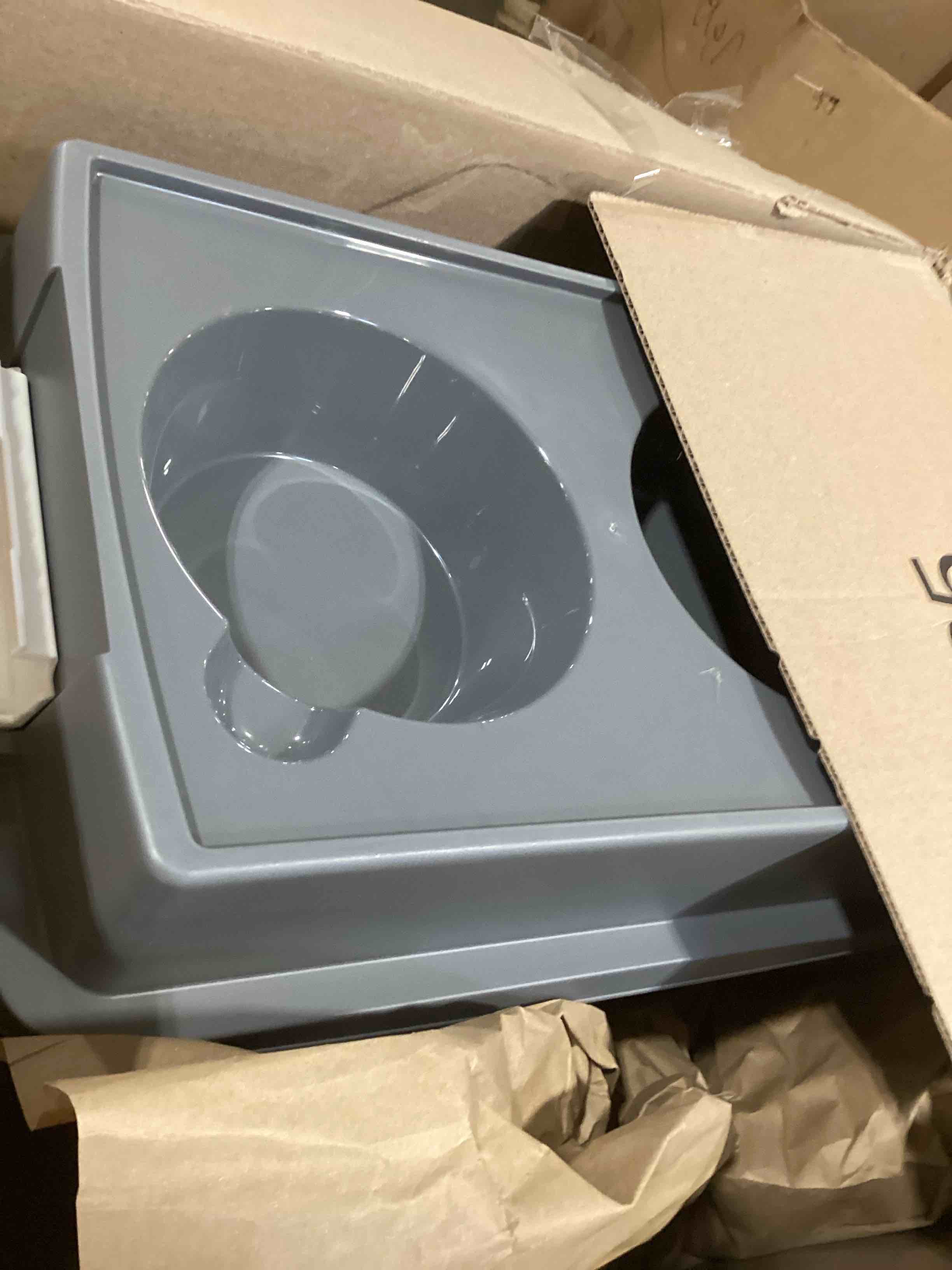 Condition photo showing As Is for IRIS USA Elevated Dog Bowls, 15" H Raised Bowl for Large Dogs, Airtight Pet Food Storage Holds Up to 47 Lbs, 2 Removable 64 oz Stainless Steel Bowls, at Home or Camping, Dark Gray Large - 15"H Gray/Dark Gray