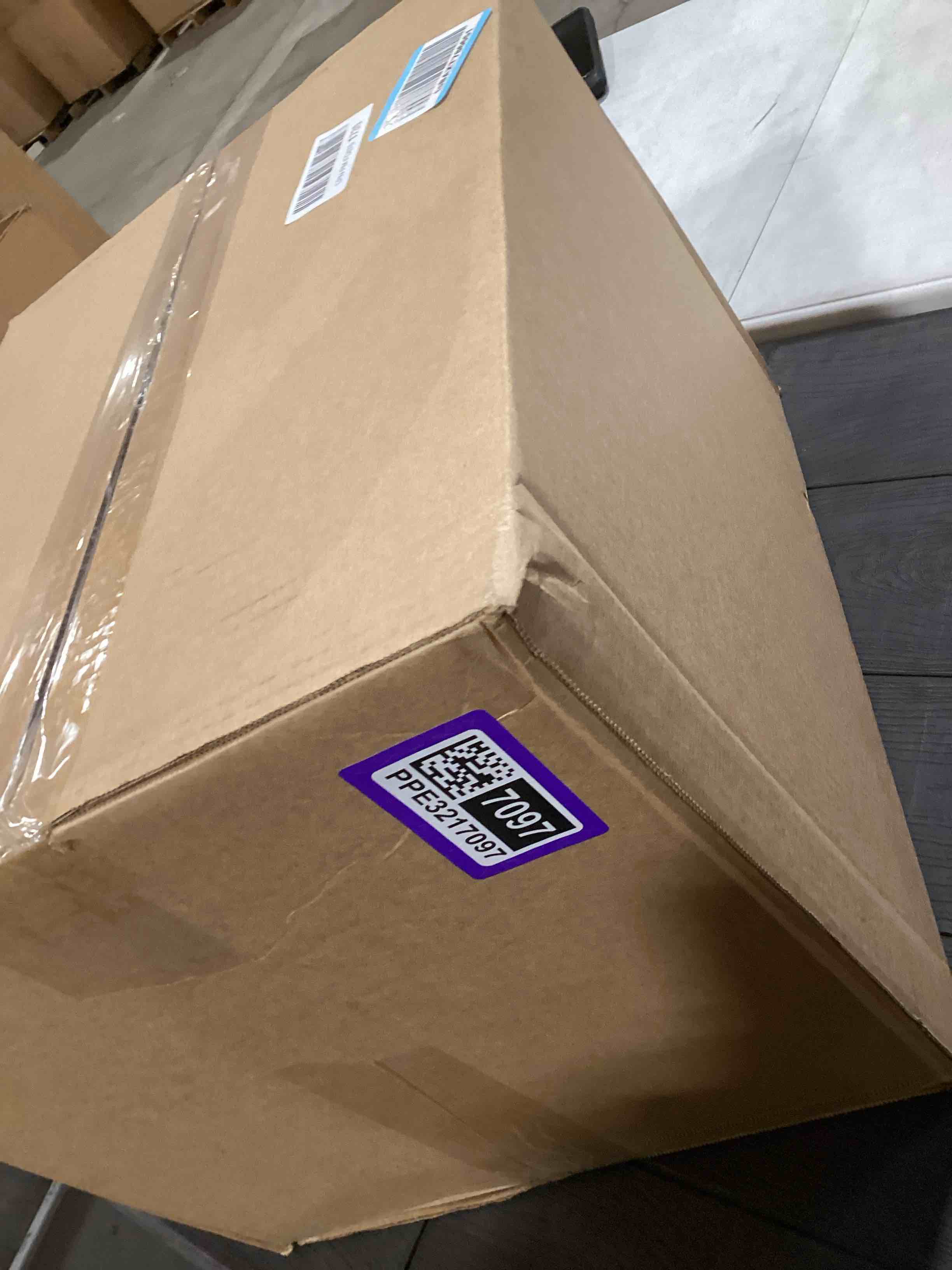 Condition photo showing As Is for Amazon Basics Large Cat Litter Box with High Sides, Open Top, Includes Scoop, 19 x 15 x 11.75 inches, Grey/Beige Grey/Beige Open Top