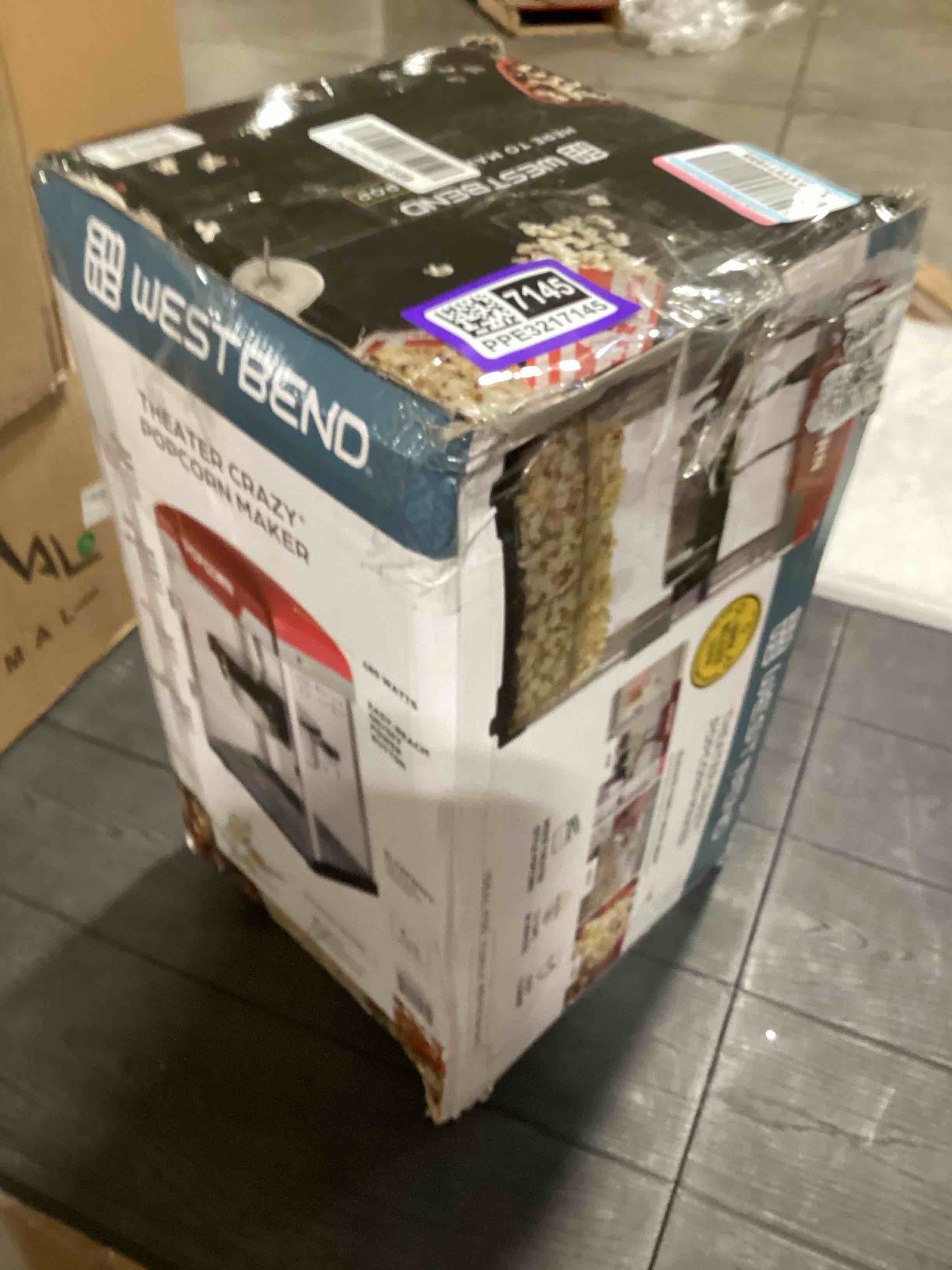 Condition photo showing As Is for West Bend Stir Crazy Movie Theater Popcorn Popper, Popcorn Maker Machine with Nonstick Popcorn Kettle, Measuring Tool and Popcorn Scoop for Popcorn Machine, 4 Qt., Red