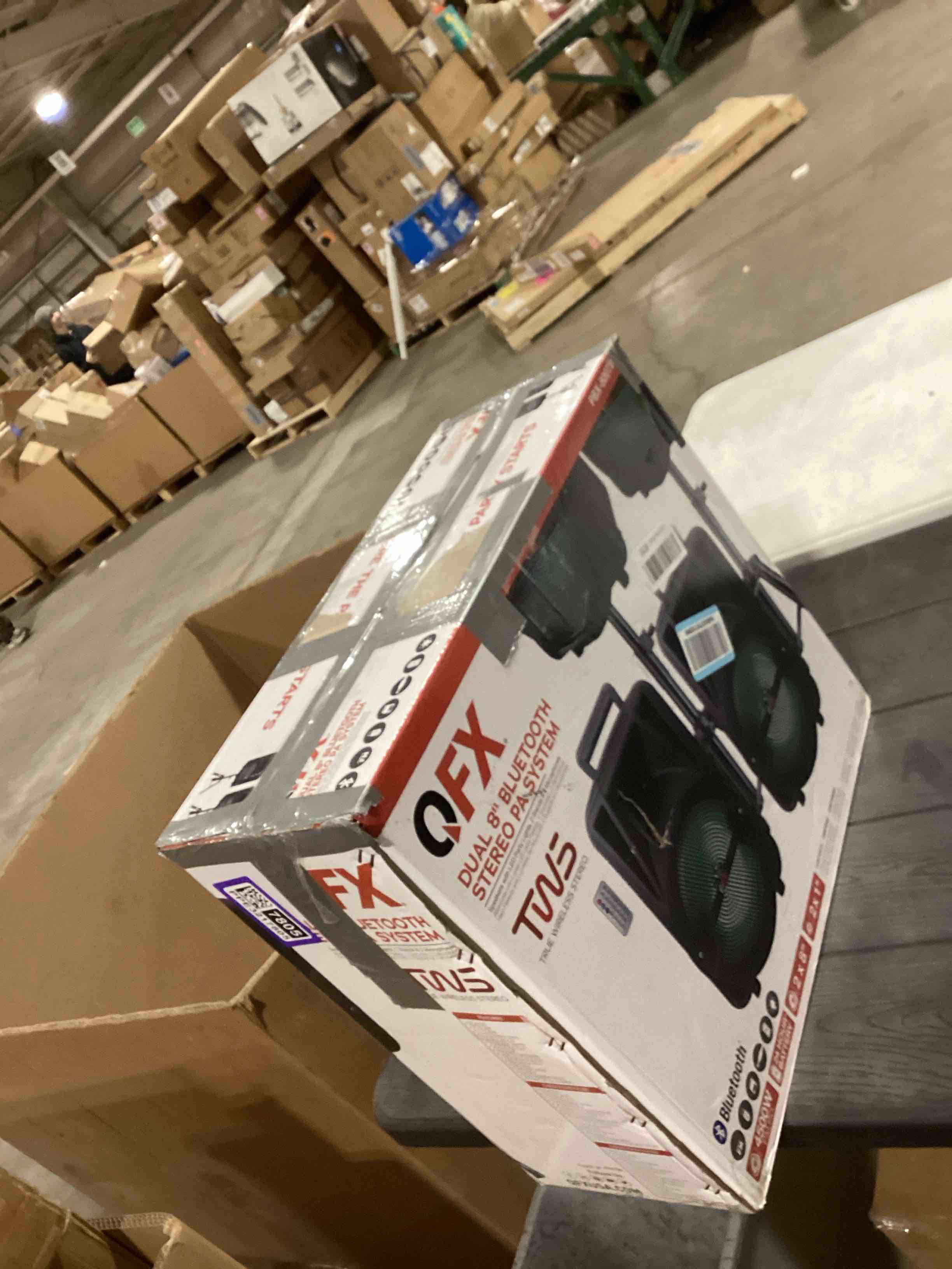 Condition photo showing As Is for QFX PBX-800TWS 8-Inch TWS Bluetooth Stereo PA System with 2 8" Speakers, 2 Microphones, 2 Stands, and a Remote Control