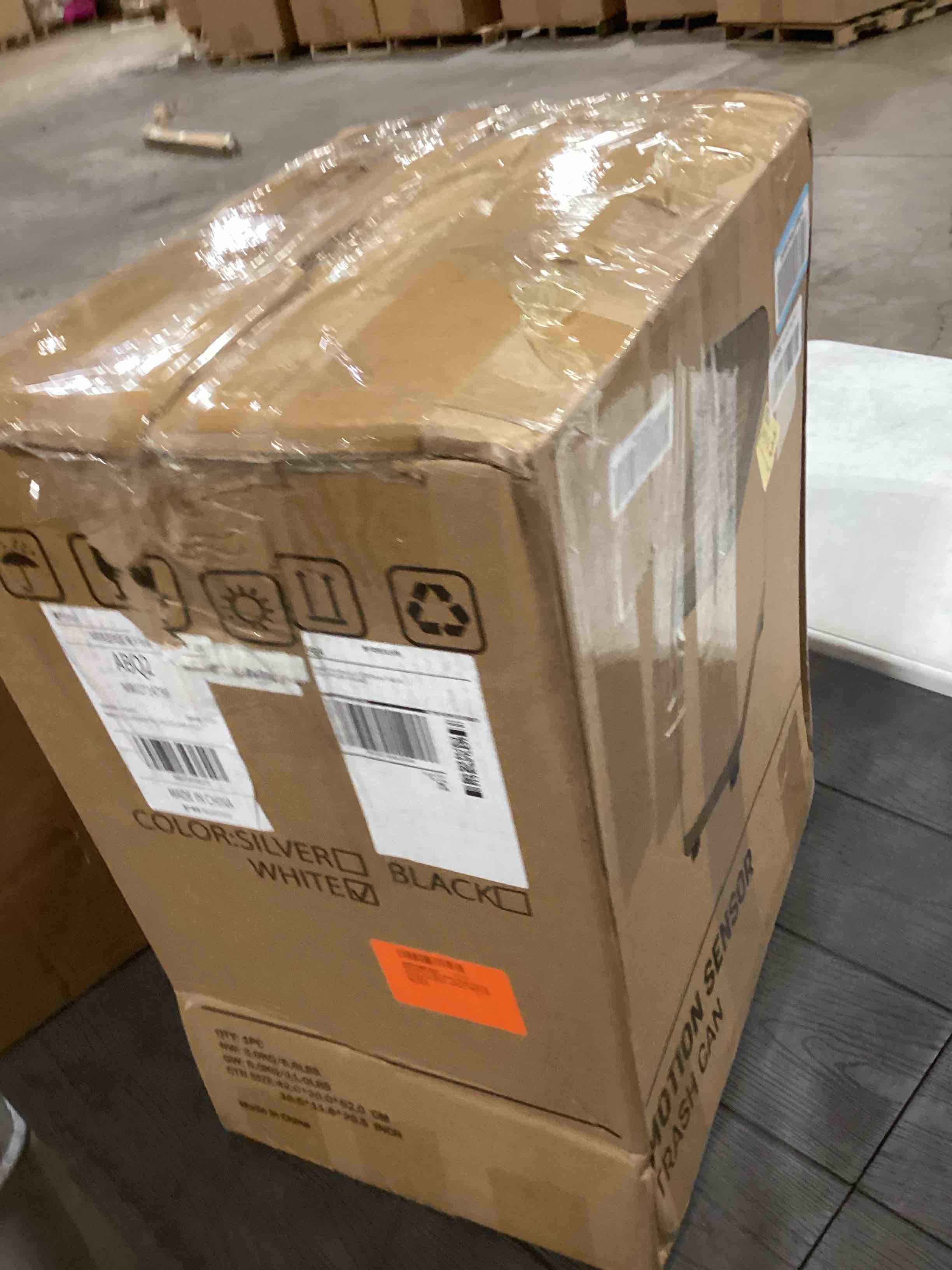 Condition photo showing As Is for 8 Gallon Motion Sensor Trash Can with Roll Lid & Wheels - Automatic Touchless Trashcans for Kitchens, Bedroom, Office Trash Bin (White)