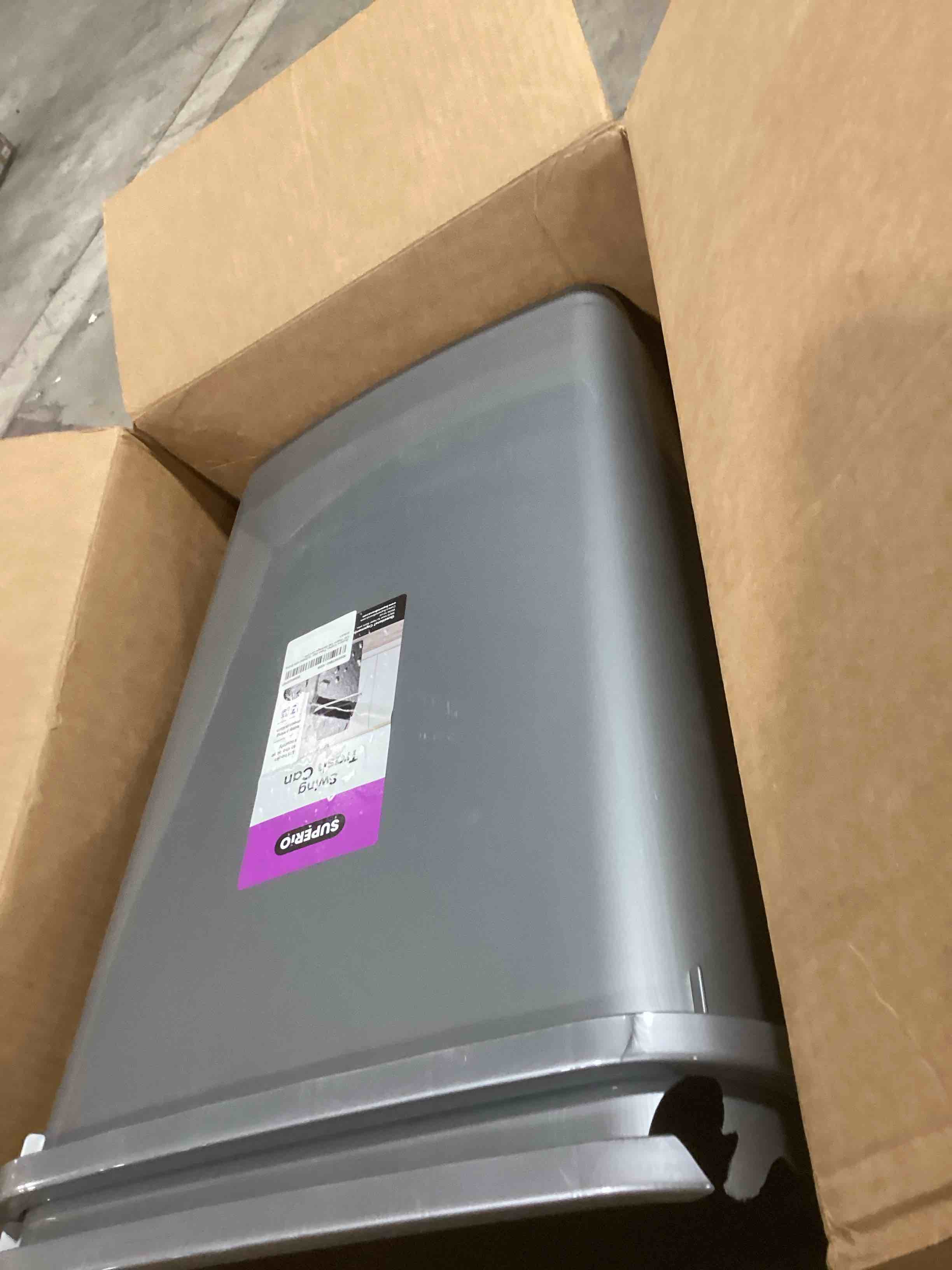 Condition photo showing As Is for Superio Kitchen Trash Can 13 Gallon with Swing Lid, Plastic Tall Garbage Can Outdoor and Indoor, Large 52 Qt Recycle Bin and Waste Basket for Home, Office, Garage, Patio, Restaurant (2, Grey) 2 13 Gallon