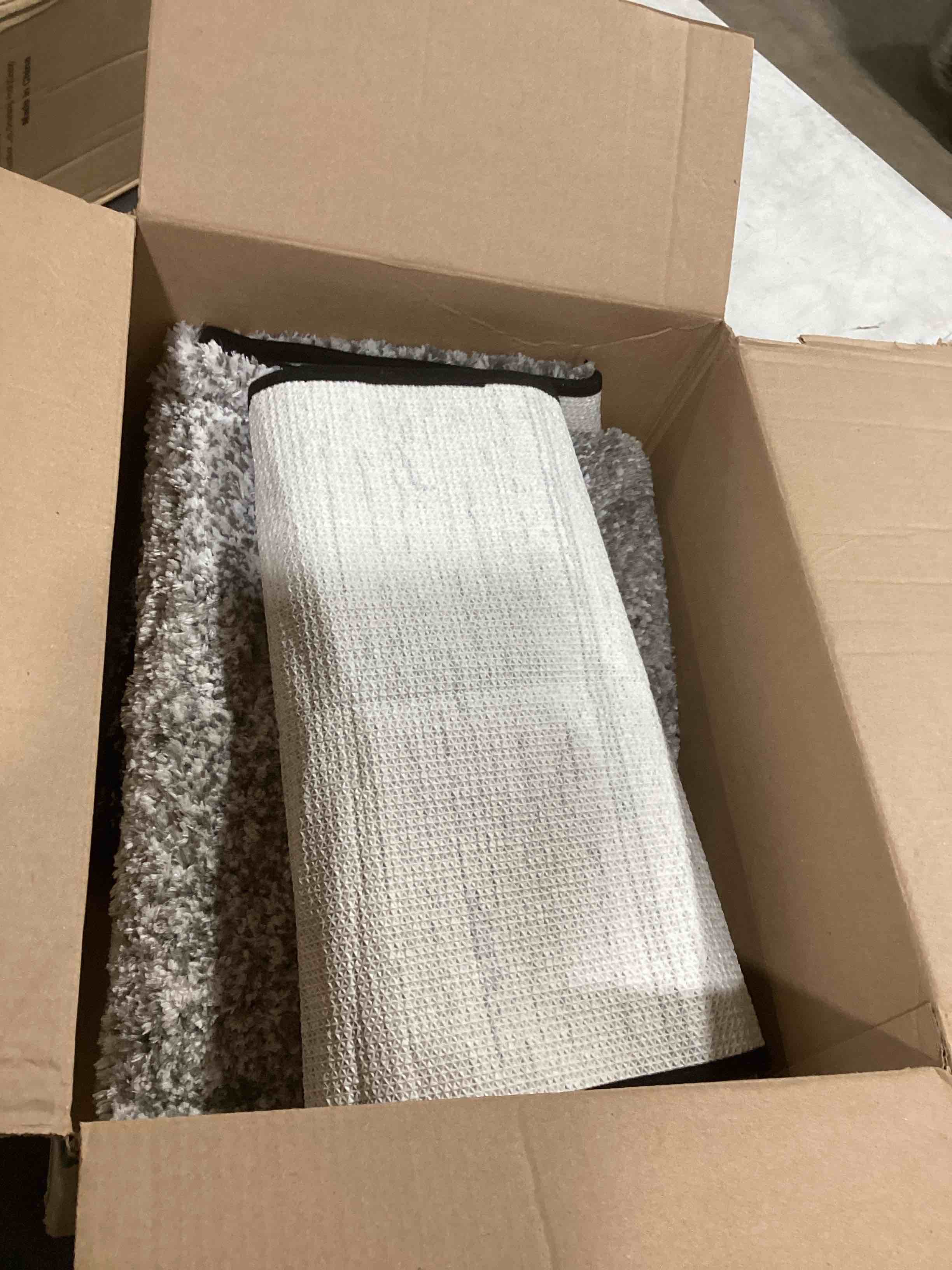 Condition photo showing Good Condition for OLANLY Bathroom Rugs Sets 3 Piece, Soft Absorbent Microfiber Bath Mats and U-Shaped Contour Toilet Rug, Plush Shaggy Bath Mat Set for Bathroom (47"x20"+24"x16"+24"x20", Black) 47" x 20" + 24" x 16" + U24" x 20" Black