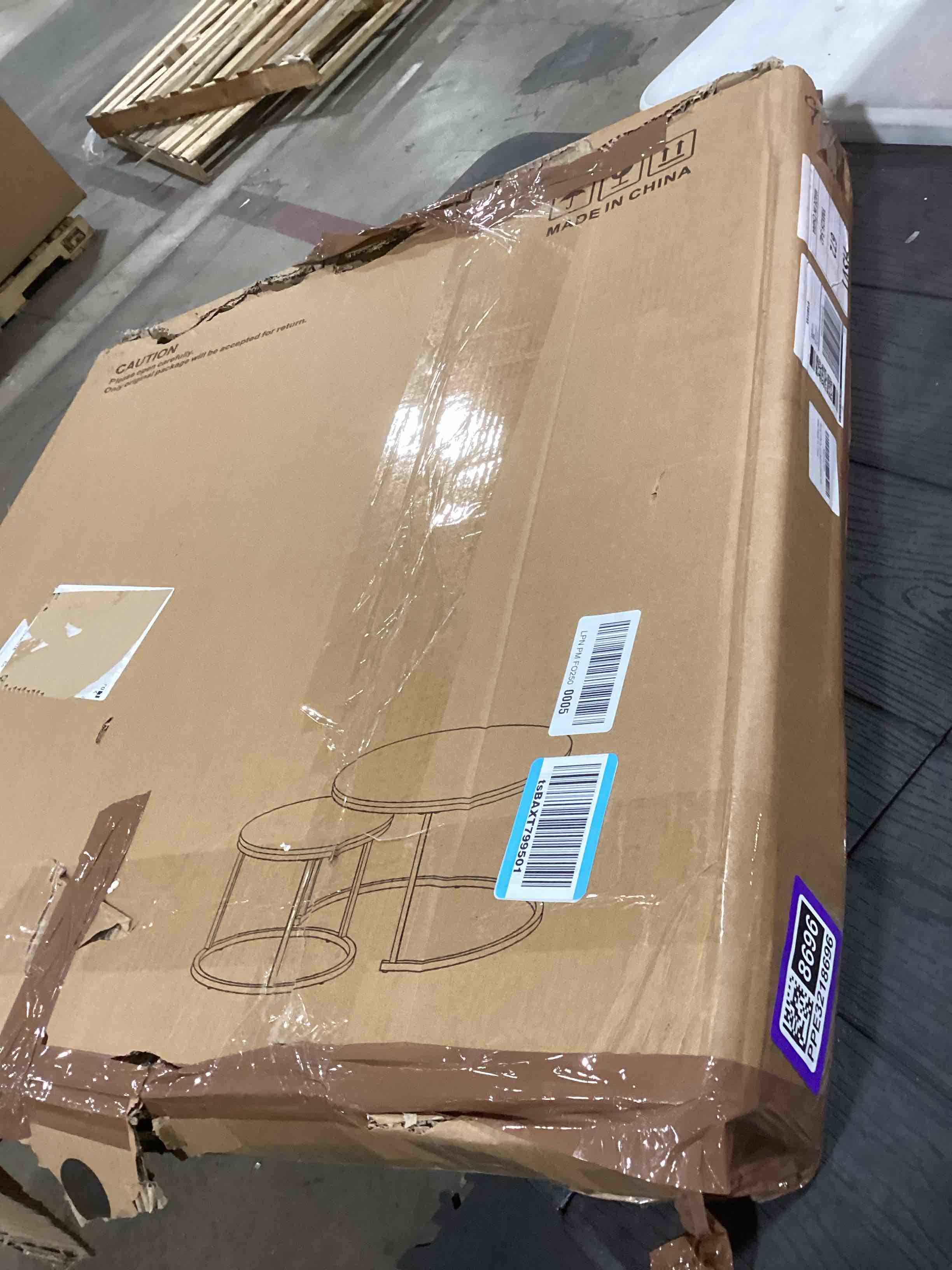 Condition photo showing As Is for Smuxee Nesting Coffee Table Set of 2, 27.6" Round Coffee Table Wood Grain Top with Adjustable Non-Slip Feet, Industrial End Table Side Tables for Living Room Bedroom Balcony Yard 27.6"W Brown