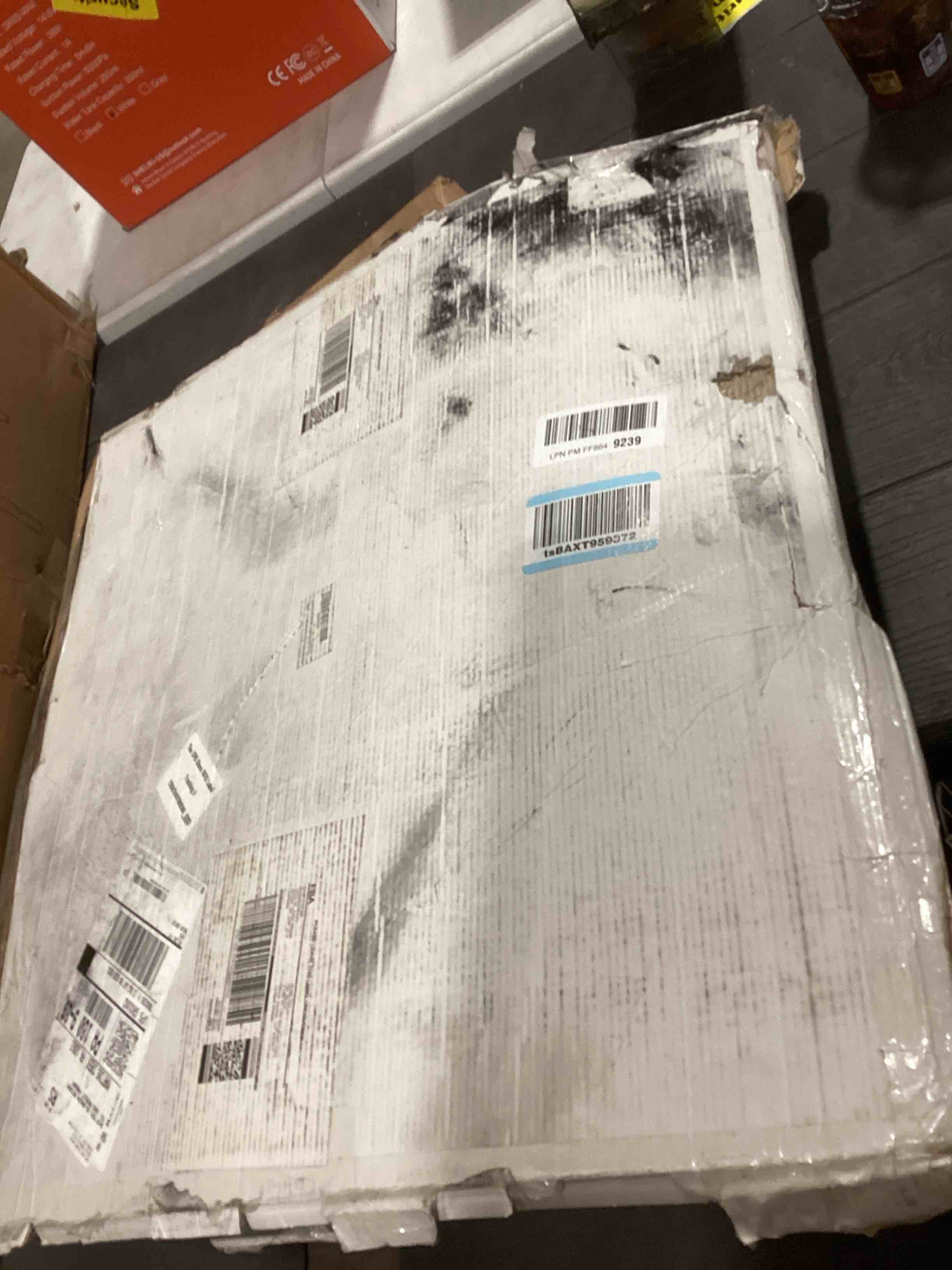 Condition photo showing As Is for Marble Pattern 24"x 24" Peel and Stick Floor Tiles (Large Format), Light Beige 12 Tiles/Pack - Covers 48 Sq Ft, Scratch-Resistant & Waterproof Floor Tiles Planks for Bathroom Kitchen